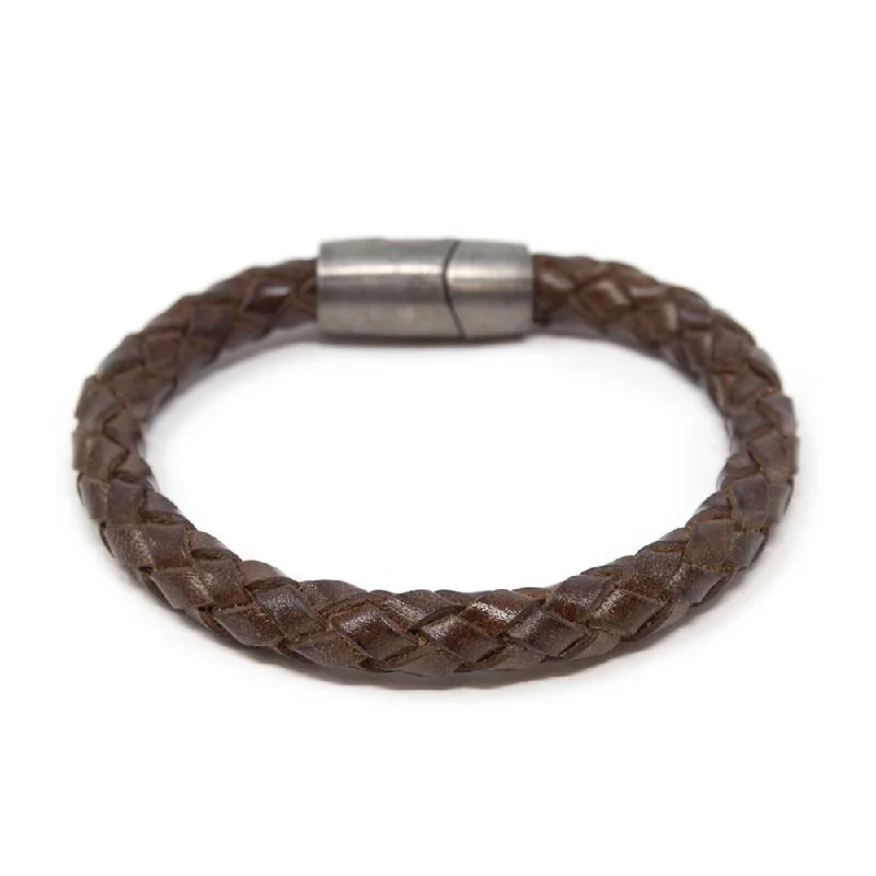 women cuff bracelets -Braided Leather Bracelet with Puzzle Clasp Brown Medium