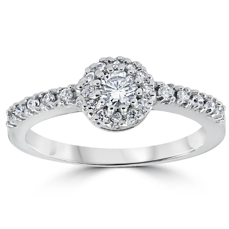 women solitaire engagement rings -5/8ct Pave Halo Lab Created Diamond Engagement Ring 14K White Gold