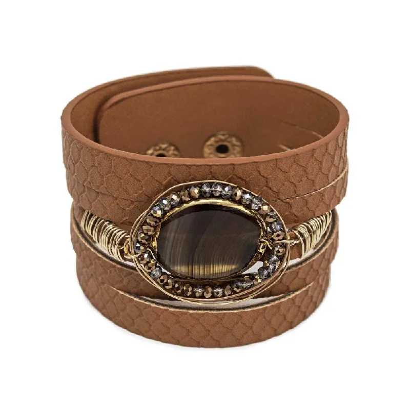 women fashion bangles -Leather Bracelet With Stone Station Brown