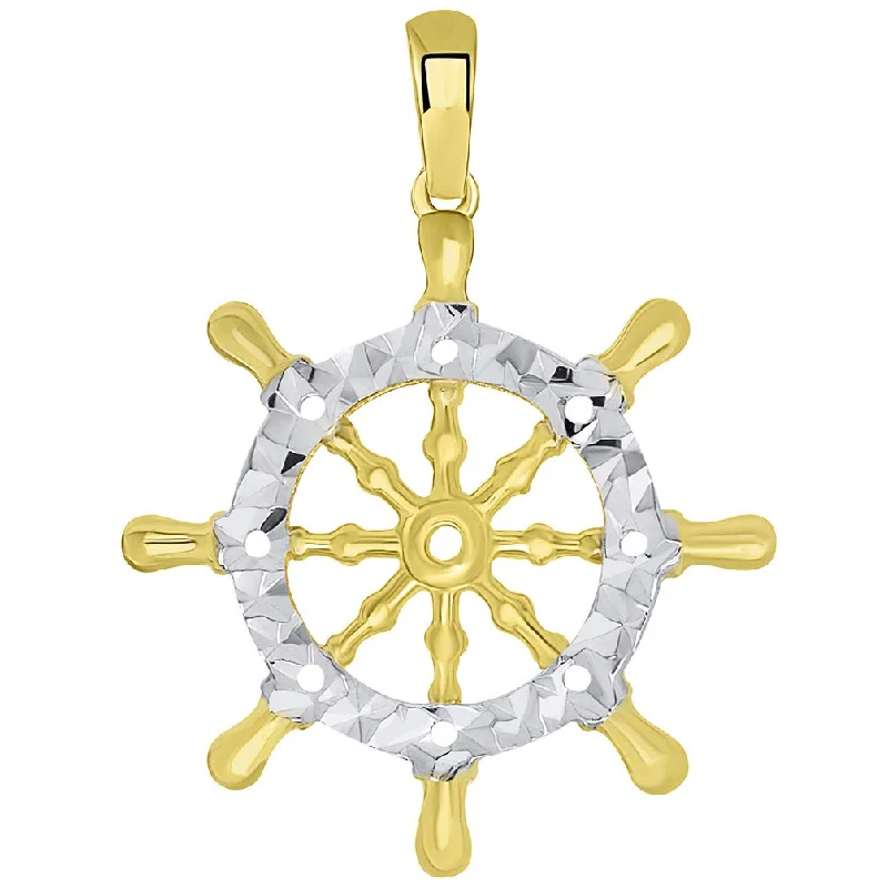 women long necklaces -14k Yellow Gold Textured Two Tone Ships Wheel Pendant