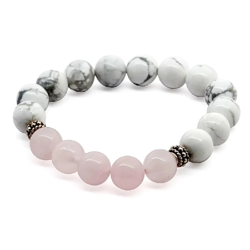 women statement bracelets -W Howlite/Rose Quartz Stretch Bracelet with Two 925 Sterling Silver Bead