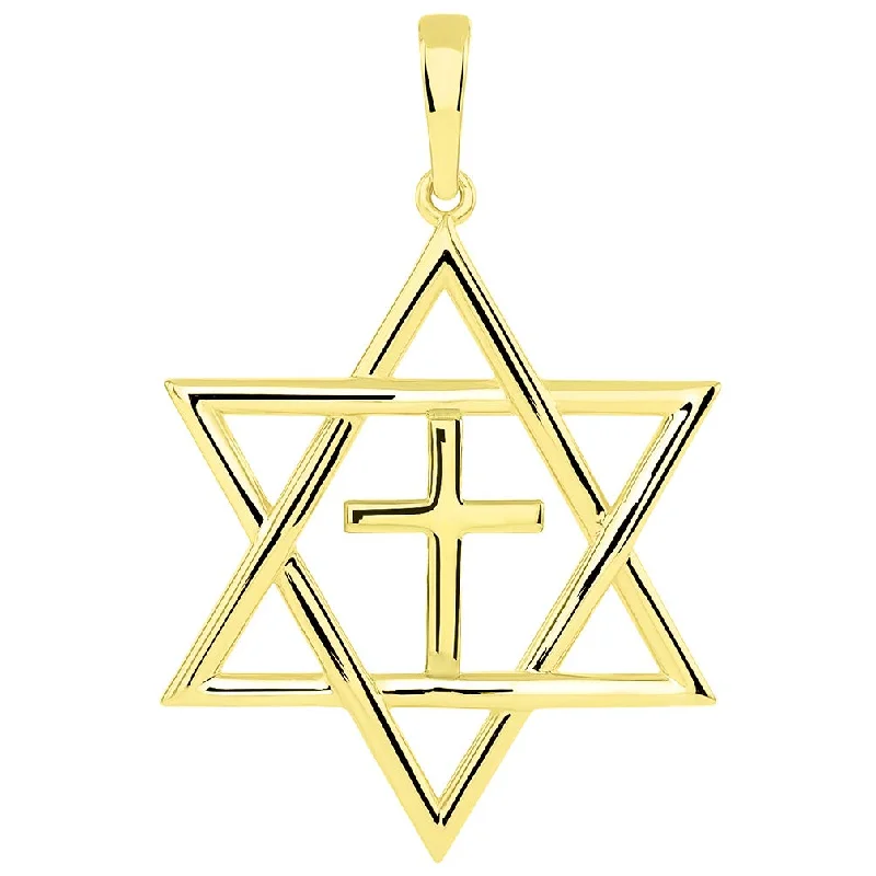 women drop necklaces -14k Yellow Gold Jewish Star of David with Religious Cross Judeo Christian Pendant 34.8mm x 23mm