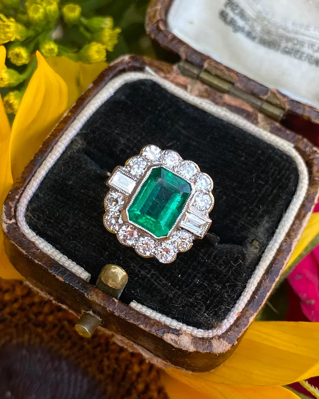 women affordable rings -Emerald and Diamond Cluster Ring Platinum 0.75ct + 1.80ct