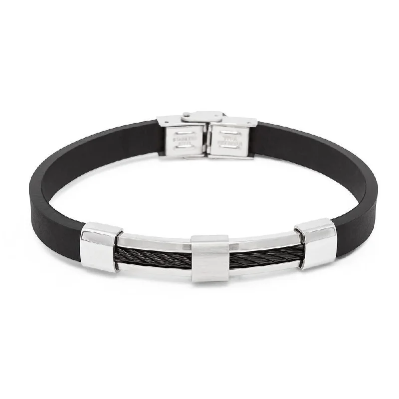 women leather bangles -Stainless Steel Rubber Bracelet Hematita Cable Black