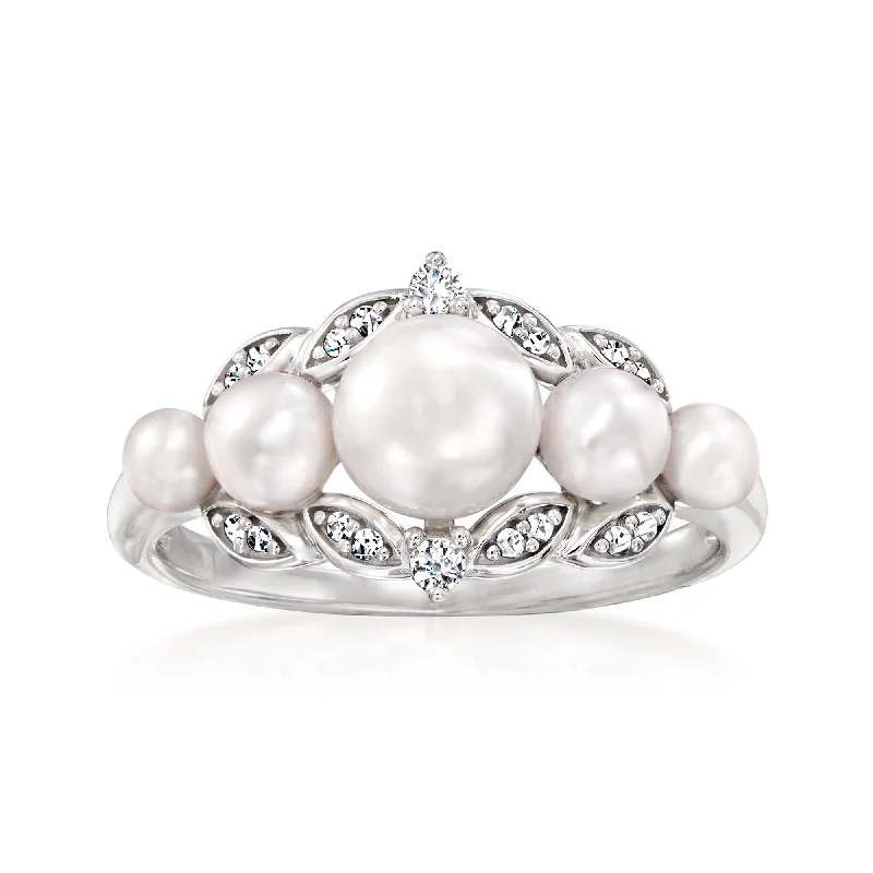 stackable wedding and engagement rings -Ross-Simons 3-6.5mm Cultured Pearl Ring With . Diamonds in Sterling Silver