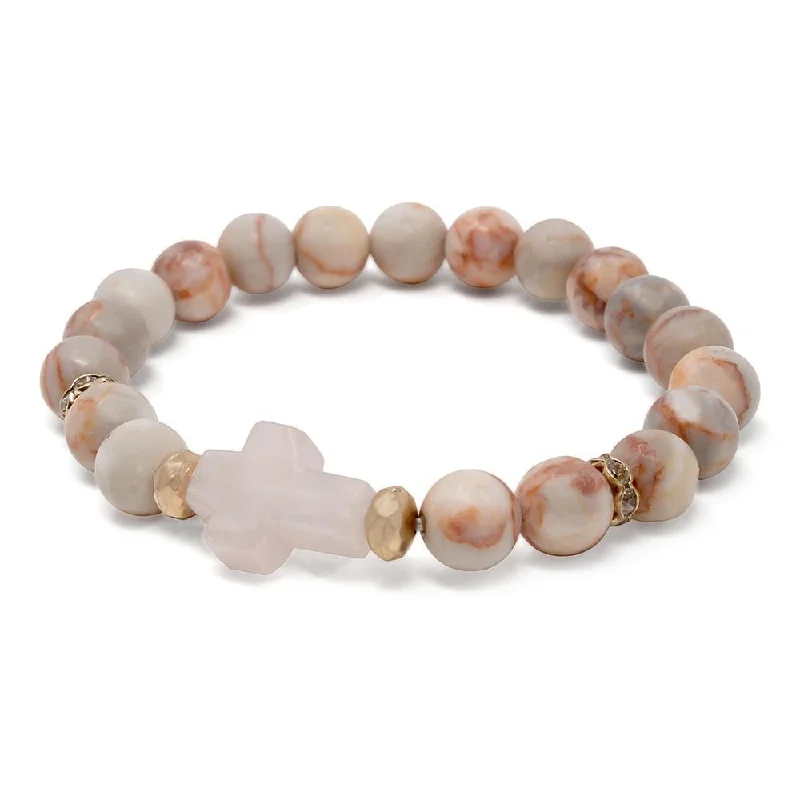 women engraved bangle sets -Stretch Bracelet Semi Precious Bead Cross Peach