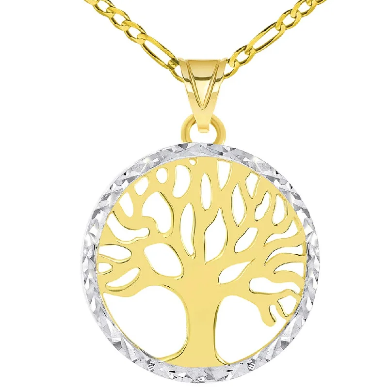 women crystal pendant necklaces -14k Gold Textured and Polished Round Tree of Life Medallion Pendant with Figaro Chain Necklace - Yellow Gold