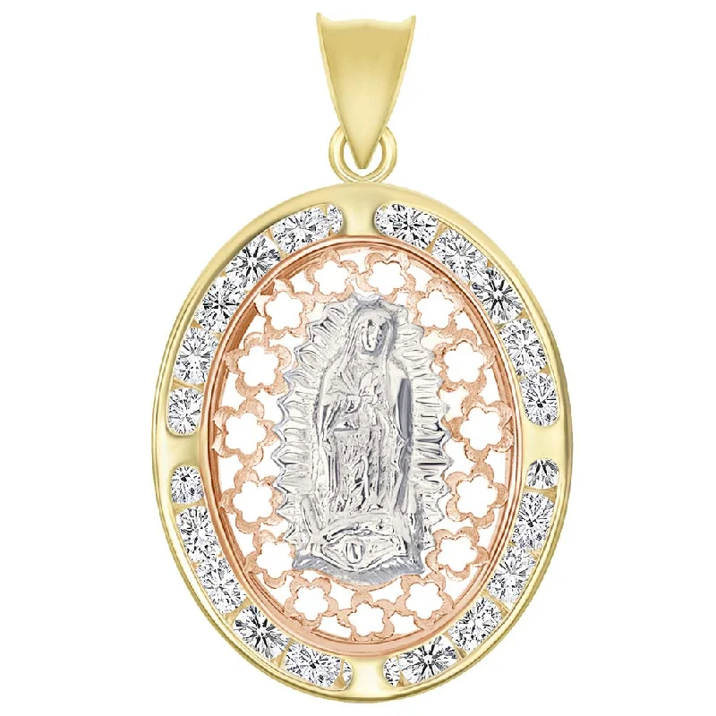 women two-tone necklaces -14k Tri-Color Gold CZ Our Lady of Guadalupe Floral Miraculous Medallion Pendant