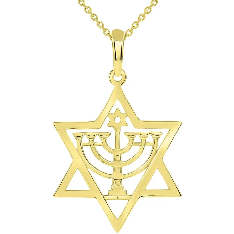 women engraved gold necklaces -Solid 14k Yellow Gold Jewish Star of David with Menorah Pendant - Available with Rolo, Curb, or Figaro Chain Necklaces