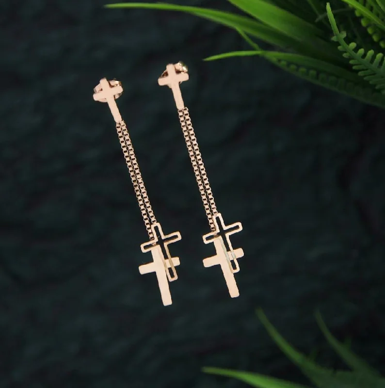 women infinity loop earrings -Tarohi JewelsStainless Steel Rosegold Plated Cross Chain Earring-STNER 2741