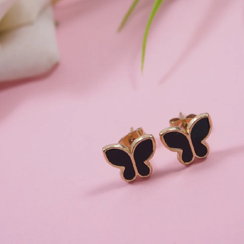 women long gemstone earrings -Tarohi JewelsStainless Steel Rosegold Plated Black and White Pearl Butterfly Stud Earring- STNER 3860