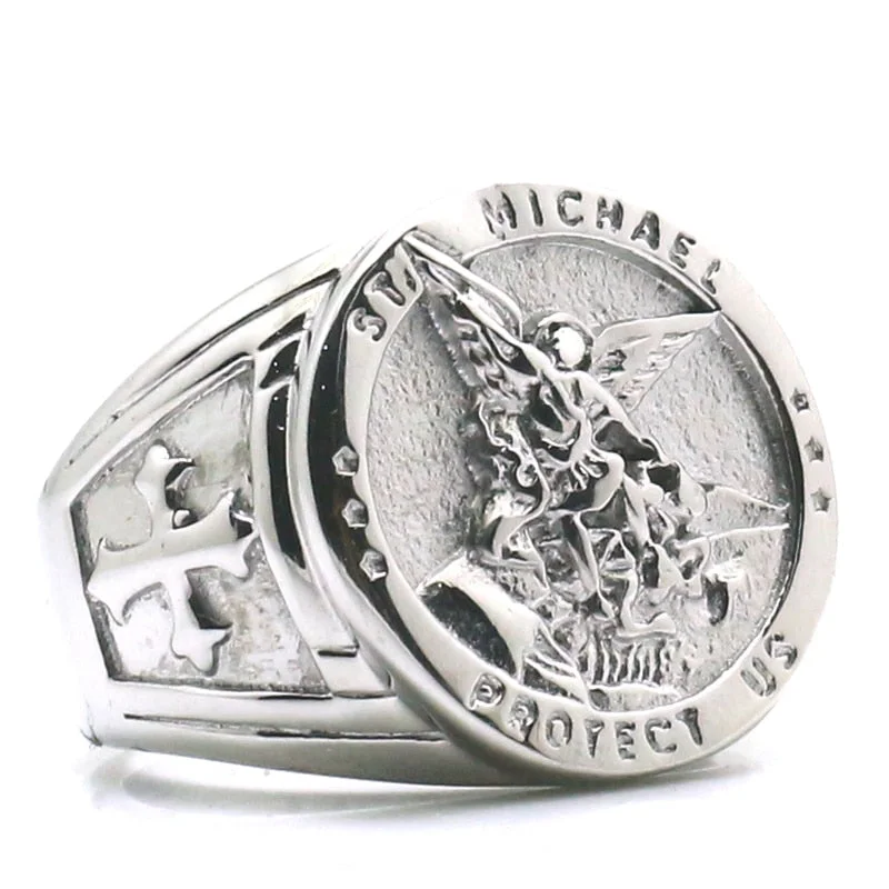 women diamond solitaire rings -Saint Michael Stainless Steel Ring