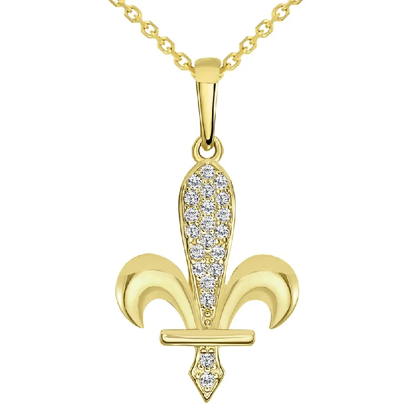 women crystal necklaces -14k Yellow Gold CZ Bosnian Fleur de Lis Pendant Necklace Available with Rolo, Curb, or Figaro Chain