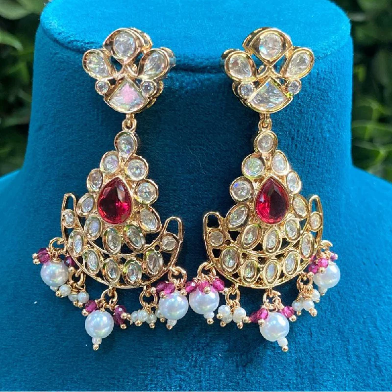 women chandelier earrings -Royal Kundan Jewellery Gold Plated Crystal Stone And Pearls Dangler Earrings