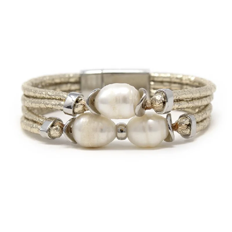 women stacking bracelets -Gold Leather Bracelet With Pearls Station