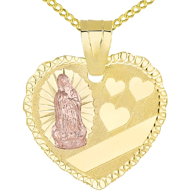 women silver necklaces -14k Yellow Gold and Rose Gold Heart Shaped Engravable Personalized Guadalupe Pendant Cuban Necklace