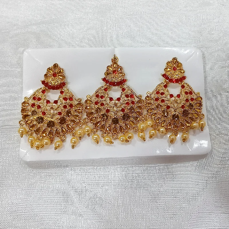 women long gemstone earrings -Darshan Gold Plated Red Austrian Dangler Earrings With Maang tikka