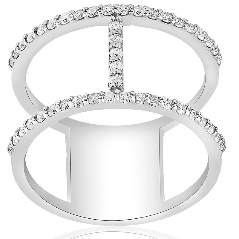 floral engagement rings -1/2ct Designer Diamond Right Hand Wide H Shape Fashion Ring 10K White Gold Size Selectable