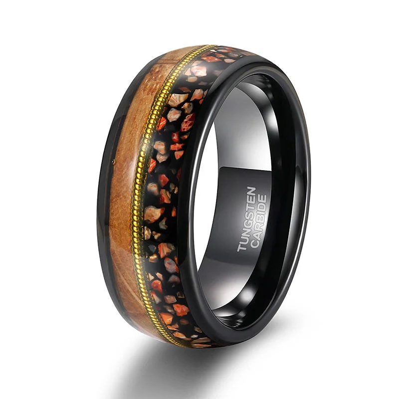 classic solitaire engagement rings -Whiskey Barrel Wood & Abalone shell Pattern Tungsten Ring