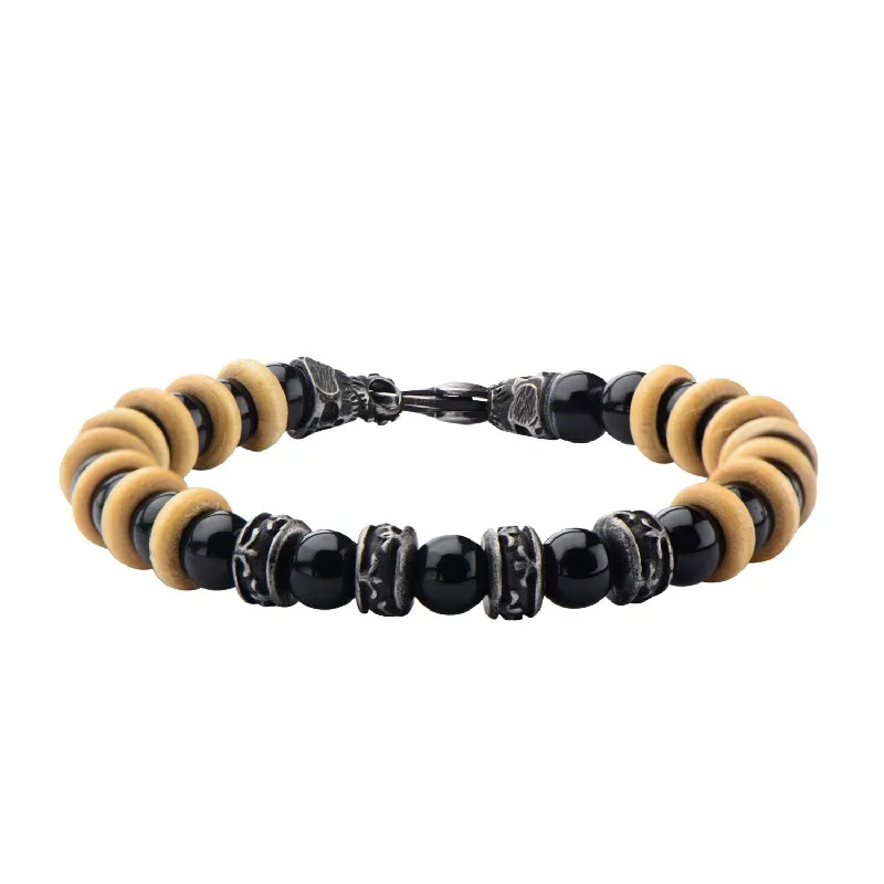 women rose gold bracelets -Stainless Steel Bracelet Onyx and Wood Beads