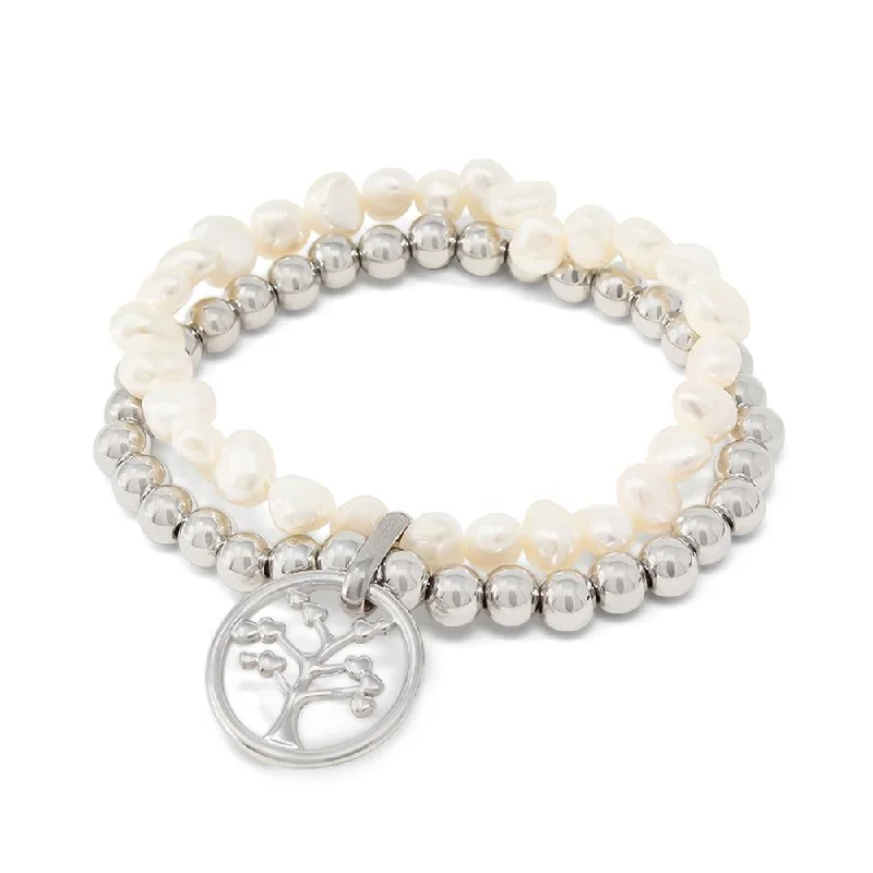 women gemstone charm bracelets -Stainless Steel Pearl Stretch Bracelet with Tree of Life Charm