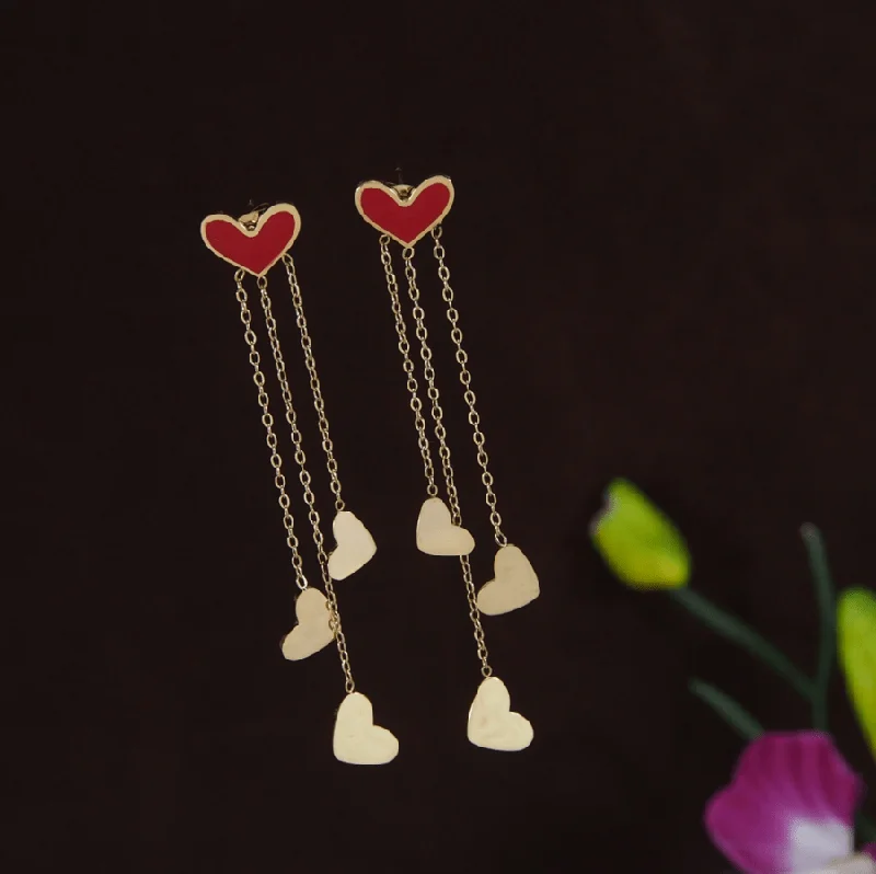 women boho earrings -Tarohi JewelsStainless Steel Gold Plated Red Coloured Hanging Heart Chain Earring- STNER 3913