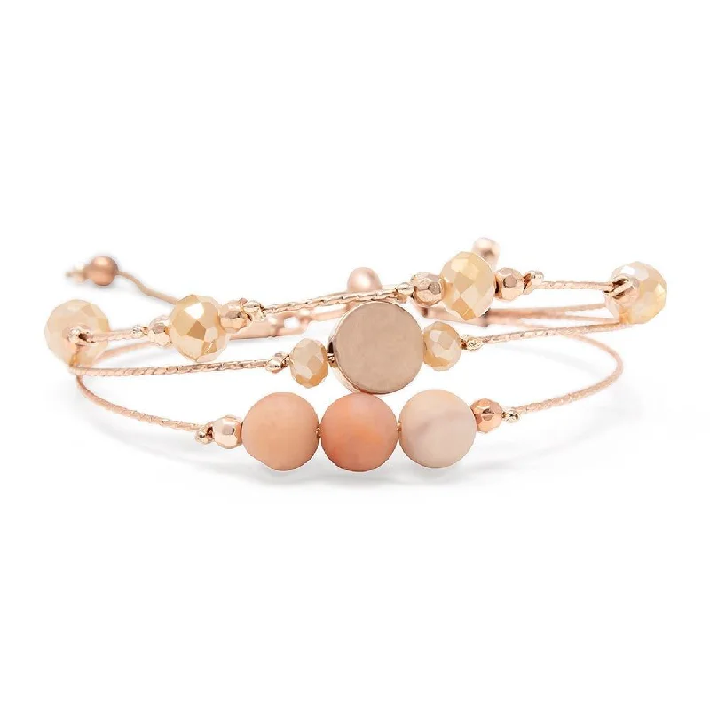 women gemstone bangles -Rose Gold Adjustable Three Row Bead Bracelet Peach