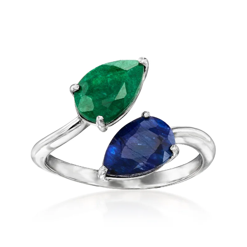 sapphire engagement rings -Ross-Simons Sapphire and . Emerald Toi Et Moi Ring in Sterling Silver