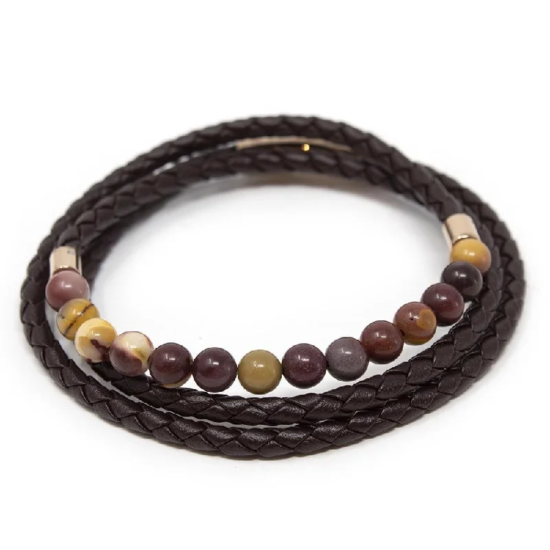 women beaded bracelets -Stainless Steel Double Wrap Mookaite Beads Men's Bracelet Brown