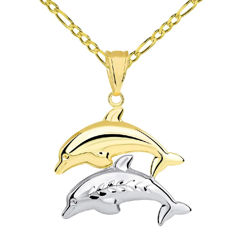 women elegant necklaces -14k Gold Two Tone 3D Dolphins Jumping Pendant Figaro Necklace - Yellow and White Gold