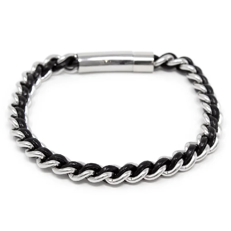 women diamond bracelets -Stainless Steel Bracelet Black Leather Braided in Chain