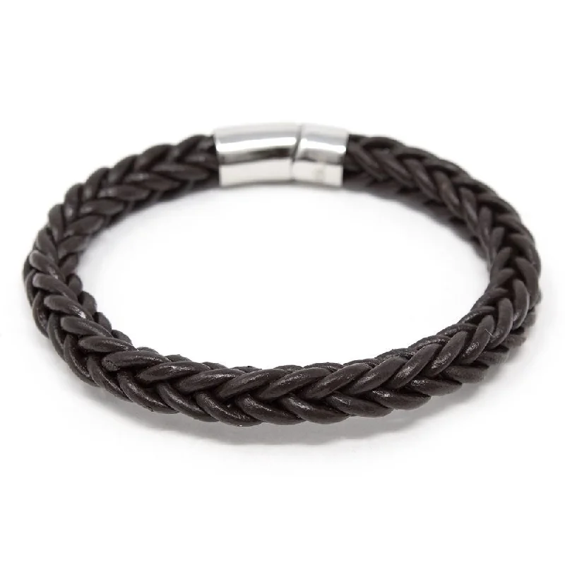 women pearl bangles -Stainless Steel and Dark Brown Braided Leather Bracelet