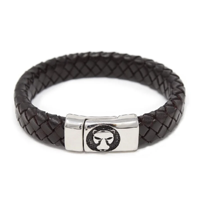 women adjustable bracelets -Braided Leather Bracelet with Lion Clasp Dark Brown Medium