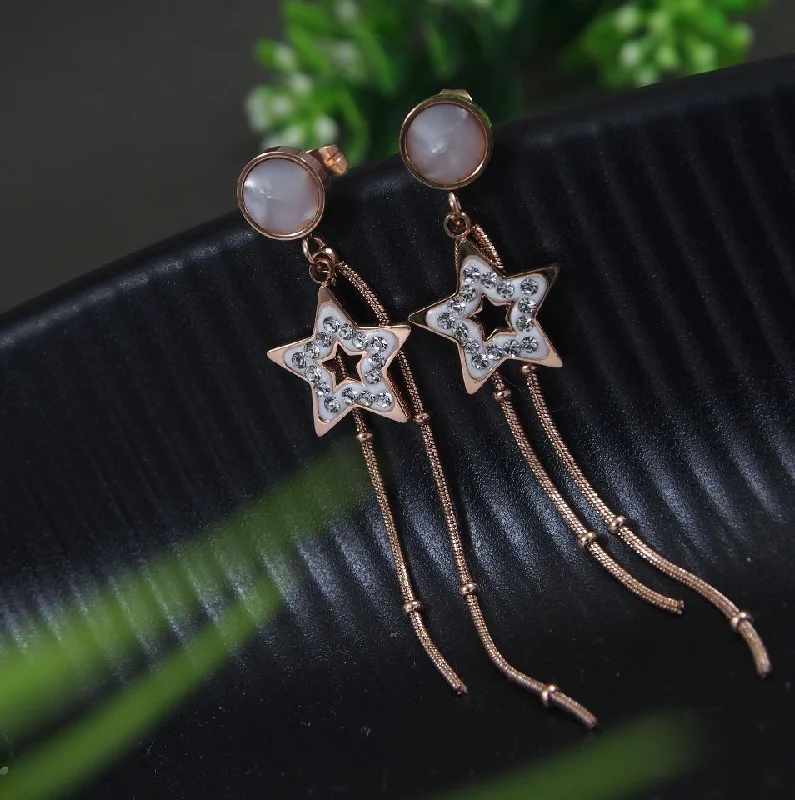 women engraved earrings -Tarohi Jewels Stainless Steel Rosegold Plated Star Designed Chain Earring-STNER 2826