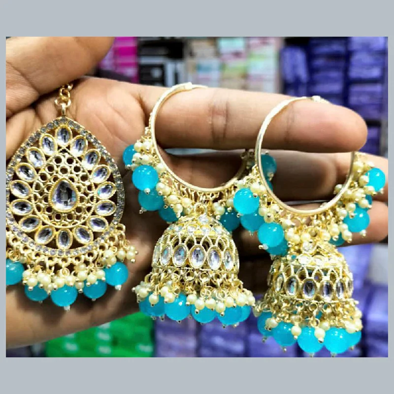 women silver dangle hoop earrings -Manisha Jewellery Gold Plated Kundan & Beads Dangler Earrings With Maangtikka