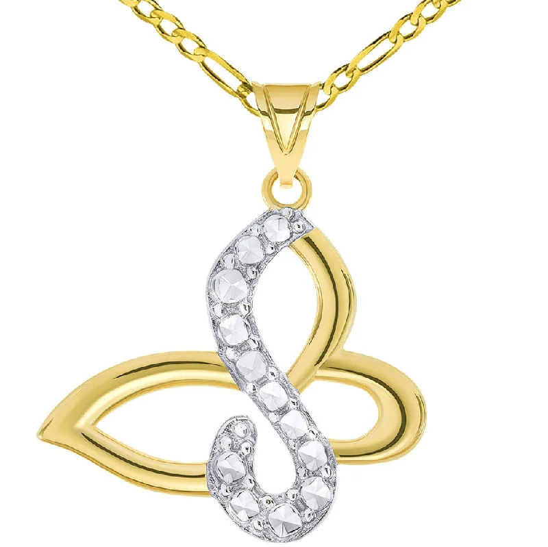 women diamond necklaces -14k Yellow Gold High Polished and Sparkle Cut Two-Tone Infinity Butterfly Pendant Figaro Chain Necklace