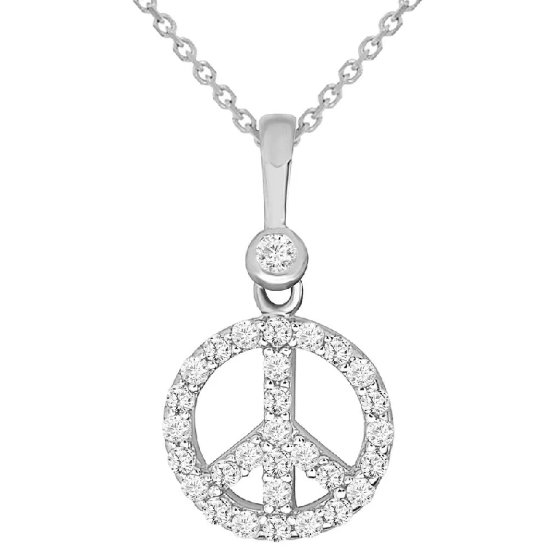 women fashion chain necklaces -Solid 14k White Gold Mini Peace Symbol Charm Pendant Necklace with Cubic Zirconia