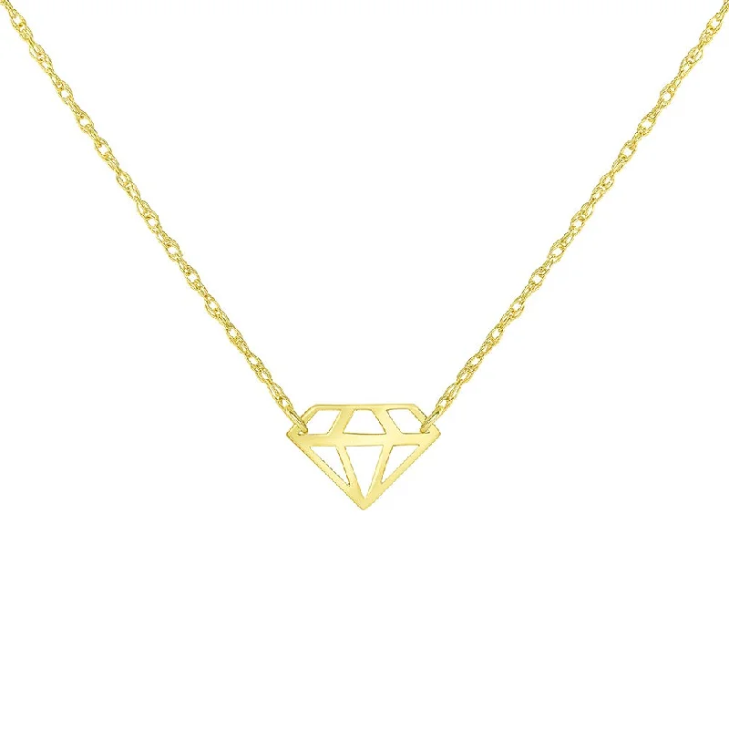 women long gold necklaces -14k Yellow Gold Mini Open Diamond-Shaped Pendant Necklace with Spring Ring Clasp (16" to 18" Adjustable Chain)