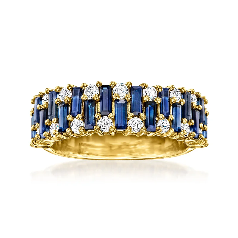 vintage-style diamond engagement rings -Ross-Simons Sapphire and .56 T. T.W. Diamond Staggered Ring in 14kt Yellow Gold