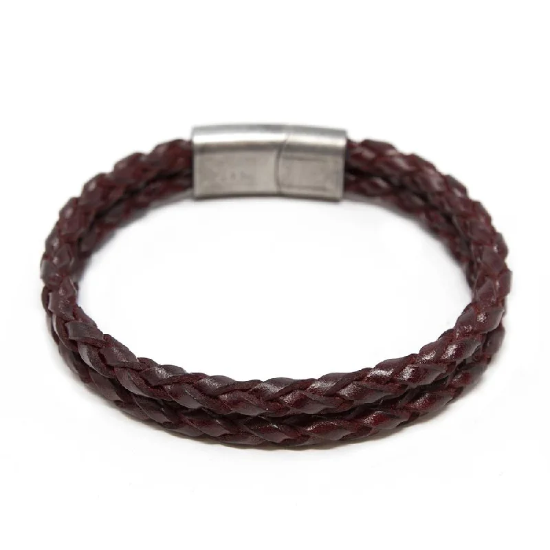 women stacking charm bracelets -Two Row Braided Leather Bracelet W Puzzle Clasp Burgundy