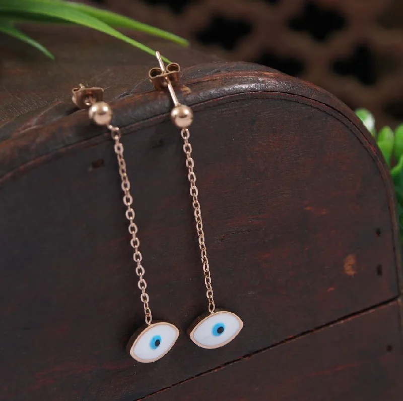 women retro earrings -Tarohi JewelsStainless Steel Rosegold Plated Evil Eye Chain Dangle Earring- STNER 4051