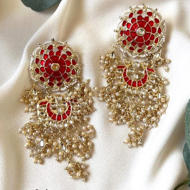 women hoop earrings -Lucentarts Jewellery Gold Plated Pearls And Meenakari Dangler Earrings