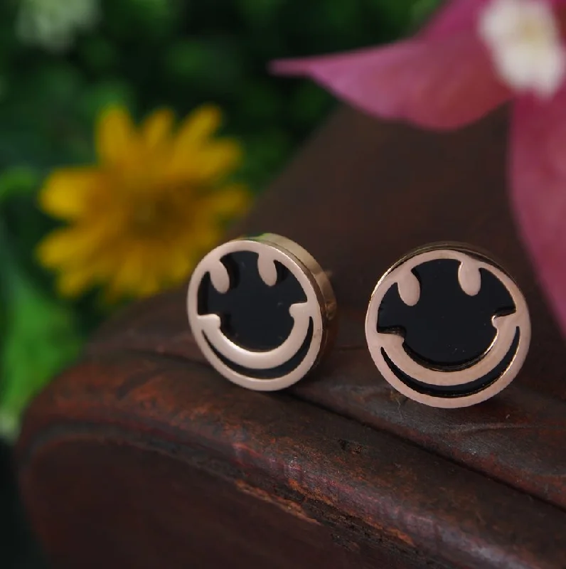 women cubic zirconia earrings -Tarohi JewelsStainless Steel Rosegold Plated Smiley Face Stud Earring-STNER 2889