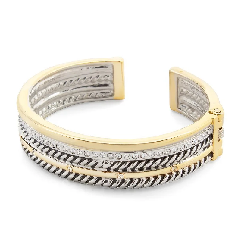 women double chain bracelets -Two Tone Five Row Hinged Bracelet with CZ Pave