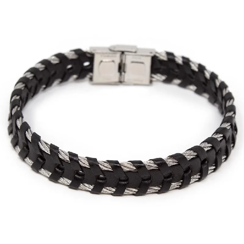 women bangles -Men's Stainless Steel Braided Leather in Cable Bracelet Black