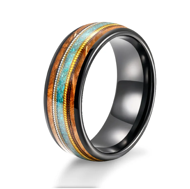 engagement rings with matching wedding band -Whiskey Barrel Wood Turquoise Guitar Strings Inlay Tungsten Ring