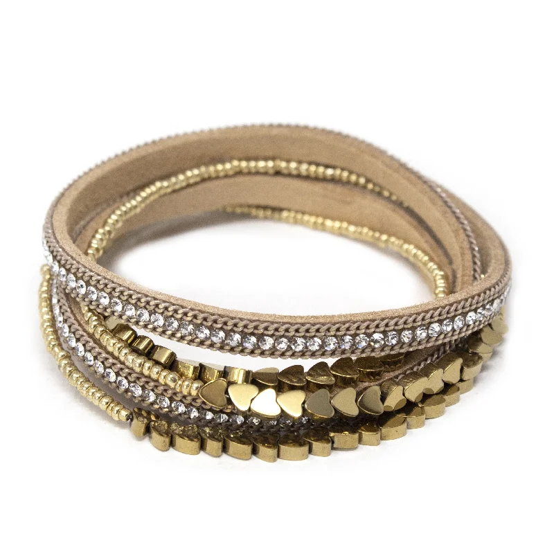 women minimalist bangles -2 Row Suede Wrap Bracelet W CZ and Heart Beads Gold T