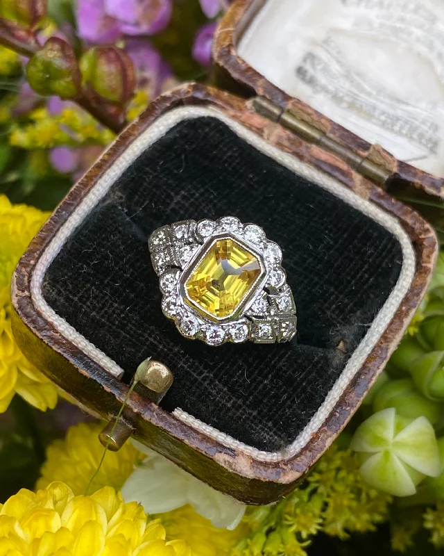 women custom wedding bands -Edwardian Style Yellow Sapphire and Diamond Cluster Ring Platinum 0.50ct + 1.55ct