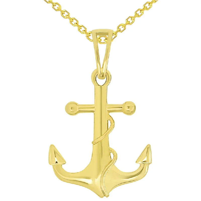 women handmade necklaces -Solid 14k Gold Maritime Anchor with Rope Pendant Necklace Available with Rolo, Curb, or Figaro Chain Necklaces - Yellow Gold