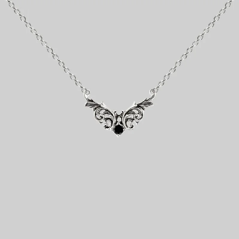 women heart pendant necklaces -QUENTIN. Ornate Flourish Chevron Onyx Collar - Silver